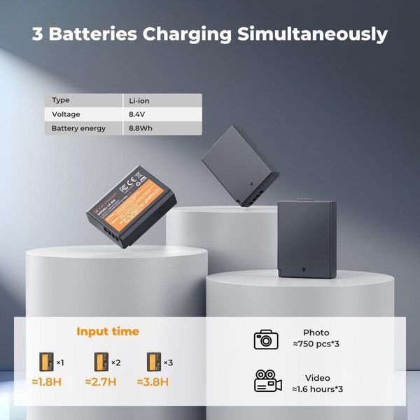 Комплект з трьох акумуляторів K&F Concept LP-E10 1200mAh та зарядного пристрою для Canon (KF28.0090)