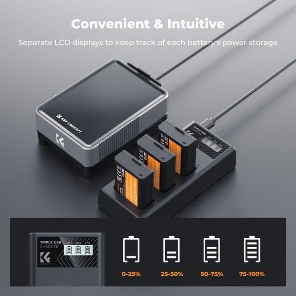 Комплект з трьох акумуляторів K&F Concept LP-E10 1200mAh та зарядного пристрою для Canon (KF28.0090)