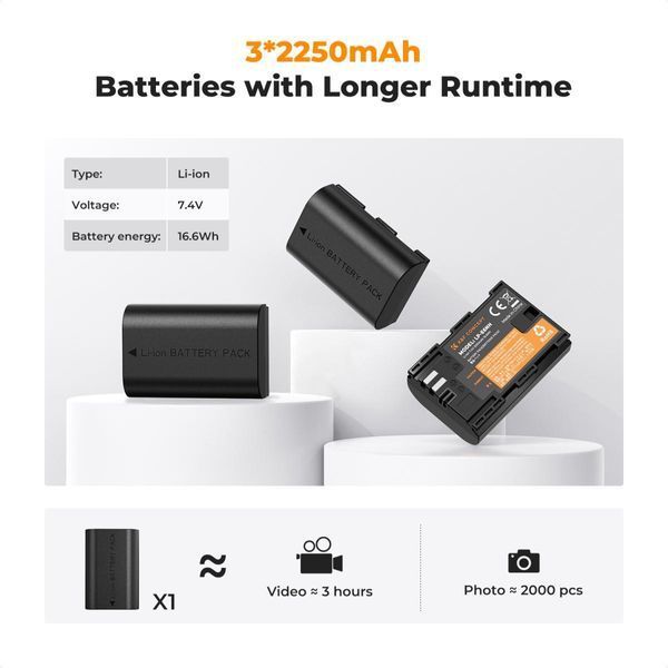 Комплект из 3 аккумуляторов 2250mAh и трехканального зарядного устройства K&F Concept LP-E6NH для Canon KF28.0039 фото