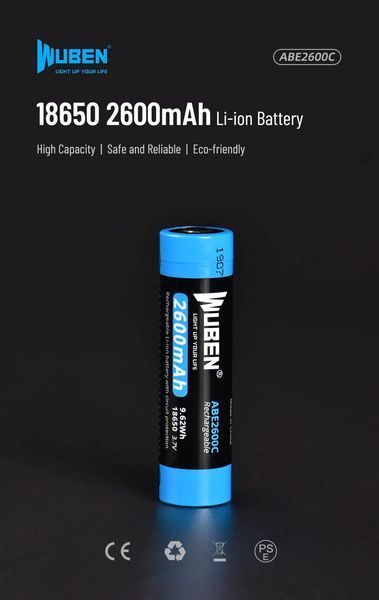 Перезаряжаемый литий-ионный аккумулятор 18650 Wuben ABE2600C 2600мАч 3,7В 160601 фото