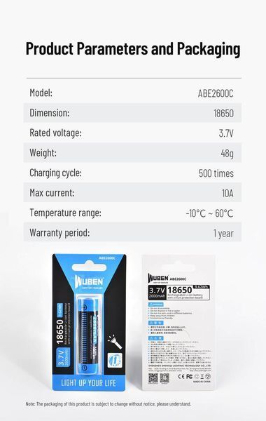 Перезаряжаемый литий-ионный аккумулятор 18650 Wuben ABE2600C 2600мАч 3,7В 160601 фото