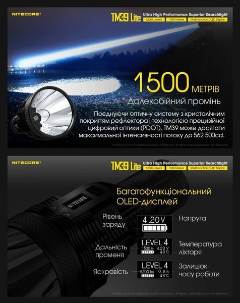 Надпотужний, далекобійний пошуковий ліхтар Nitecore TM39 Lite (5200Lumen, 1500м, OLED-дисплей) 010323 фото