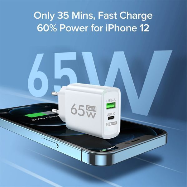 Адаптер блок живлення швидка зарядка GAN 65W Quick Charger Black PD 3.0, QS 3.0 (1*USB Type A, 1* USB Type C)