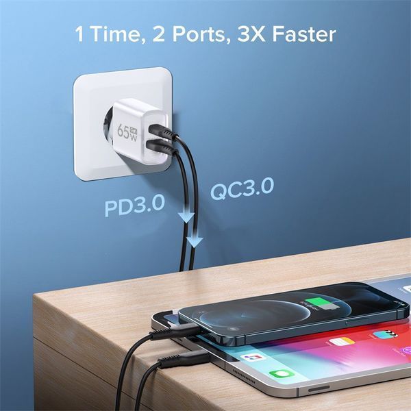Адаптер блок живлення швидка зарядка GAN 65W Quick Charger Black PD 3.0, QS 3.0 (1*USB Type A, 1* USB Type C)