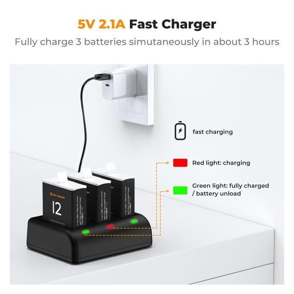 Комплект з трьох акумуляторів 1730mah та триканального зарядного пристрою K&F Concept для Gopro Hero 12/11/10/9 (KF28.0032V1) KF28.0032V1 фото