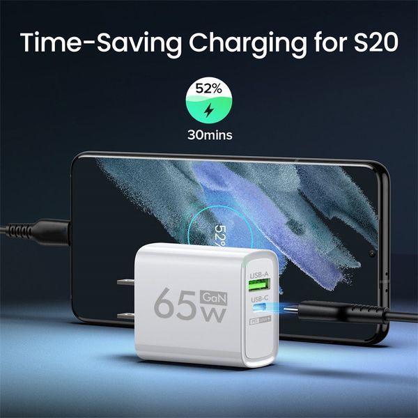 Адаптер блок живлення швидка зарядка GAN 65W Quick Charger Black PD 3.0, QS 3.0 (1*USB Type A, 1* USB Type C)