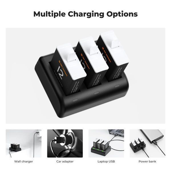 Комплект з трьох акумуляторів 1730mah та триканального зарядного пристрою K&F Concept для Gopro Hero 12/11/10/9 (KF28.0032V1) KF28.0032V1 фото