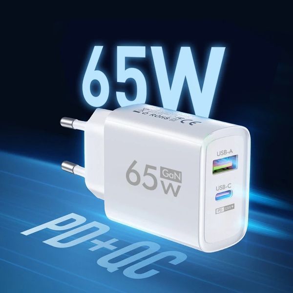 Адаптер блок живлення швидка зарядка GAN 65W Quick Charger Black PD 3.0, QS 3.0 (1*USB Type A, 1* USB Type C)