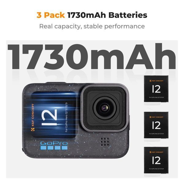 Комплект з трьох акумуляторів 1730mah та триканального зарядного пристрою K&F Concept для Gopro Hero 12/11/10/9 (KF28.0032V1) KF28.0032V1 фото