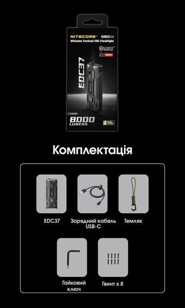 Сверхмощный карманный фонарь Nitecore EDC37 (8000Лм, 420м, OLED-дисплей, USB-C) 010343.1 фото