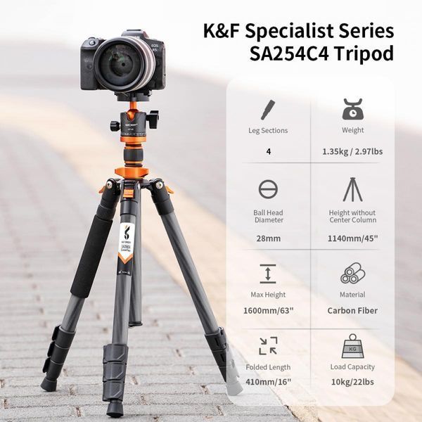 Легкий штатив из углеродного волокна K&F Concept O254C1+ BH-28L для камеры, высота 1,6м, груз.10кг KF09.109 KF09.109 фото