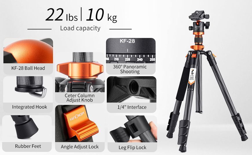 Легкий штатив из углеродного волокна K&F Concept O254C1+ BH-28L для камеры, высота 1,6м, груз.10кг KF09.109 KF09.109 фото