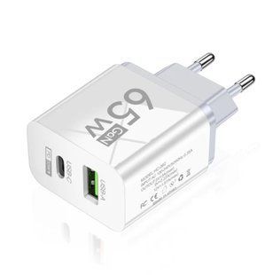 Адаптер блок живлення швидка зарядка GAN 65W Quick Charger White PD 3.0, QS 3.0 (1*USB Type A, 1* USB Type C) 100816 фото