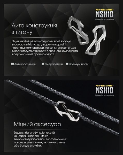 Титановий карабін-мультитул-брелок Nitecore NSH10 (49мм, 3 функції)