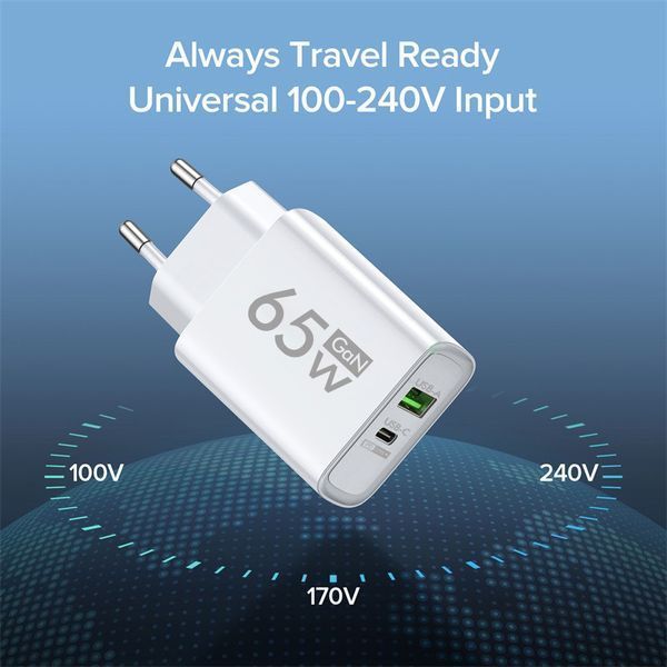 Адаптер блок живлення швидка зарядка GAN 65W Quick Charger White PD 3.0, QS 3.0 (1*USB Type A, 1* USB Type C) 100816 фото