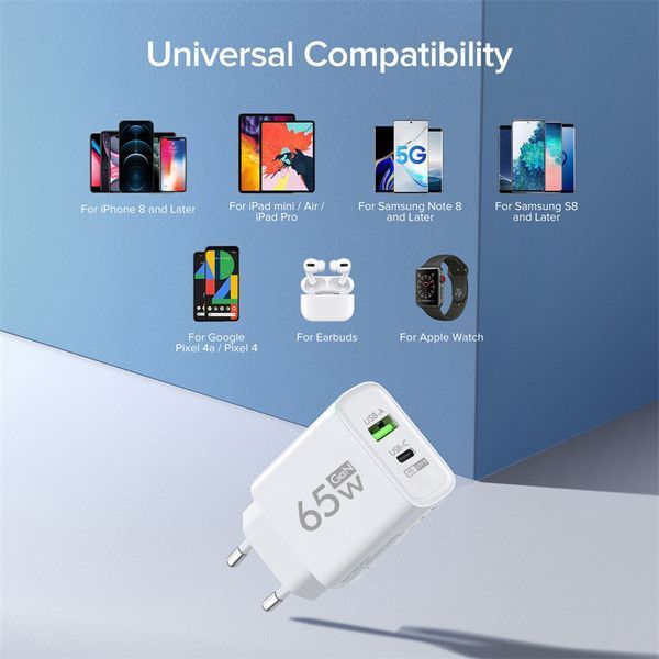 Адаптер блок живлення швидка зарядка GAN 65W Quick Charger White PD 3.0, QS 3.0 (1*USB Type A, 1* USB Type C) 100816 фото