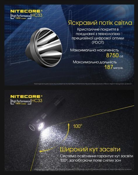 3в1 - Надпотужний налобний, ручний + кемпінговий ліхтар Nitecore HC33 з АКБ (1800Лм, 187м, магніт, дифузор) 010202 фото