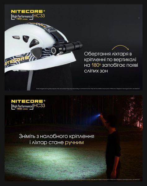 3в1 - Надпотужний налобний, ручний + кемпінговий ліхтар Nitecore HC33 з АКБ (1800Лм, 187м, магніт, дифузор) 010202 фото