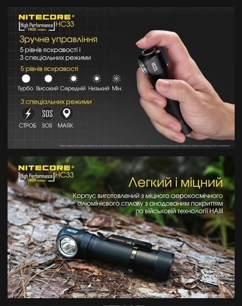 3в1 - Надпотужний налобний, ручний + кемпінговий ліхтар Nitecore HC33 з АКБ (1800Лм, 187м, магніт, дифузор) 010202 фото