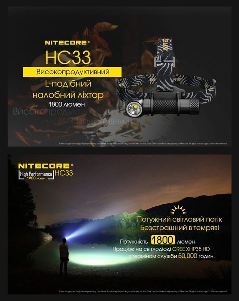 3в1 - Надпотужний налобний, ручний + кемпінговий ліхтар Nitecore HC33 з АКБ (1800Лм, 187м, магніт, дифузор) 010202 фото