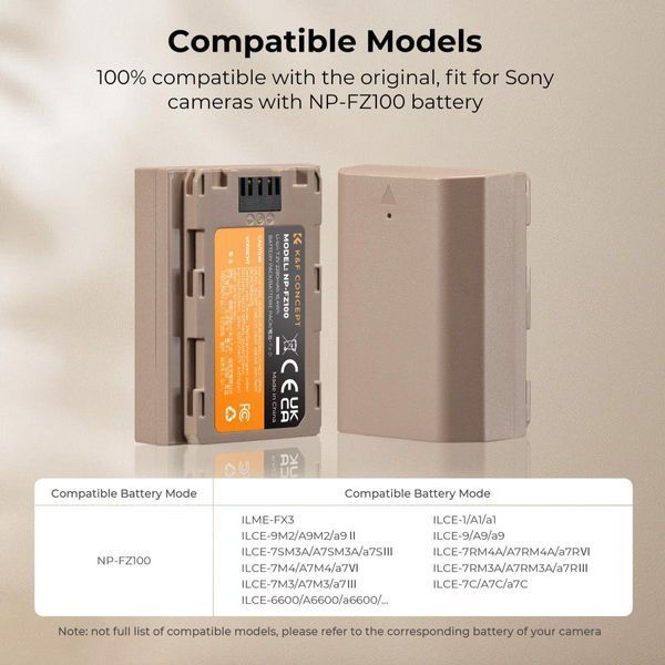 Комплект из 2 аккумуляторов K&F Concept NP-FZ100 для Sony 2280mAh с входом Type C (KF28.0023S1) KF28.0023S1 фото