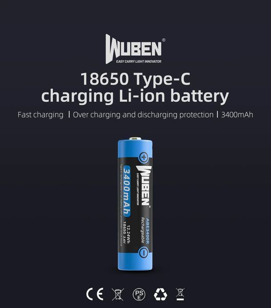 Перезаряджуваний літій-іонний акумулятор 18650 Wuben ABE3400R з портом Type-C 3400мАг 3,7В