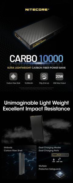 Зовнішній зарядний пристрій повербанк Power Bank Nitecore CARBO 10000 (20W, QC 3.0, 10000mAh)