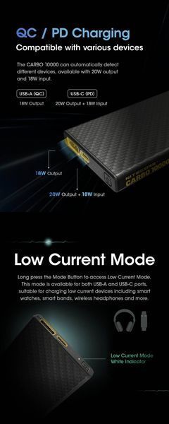Зовнішній зарядний пристрій повербанк Power Bank Nitecore CARBO 10000 (20W, QC 3.0, 10000mAh)