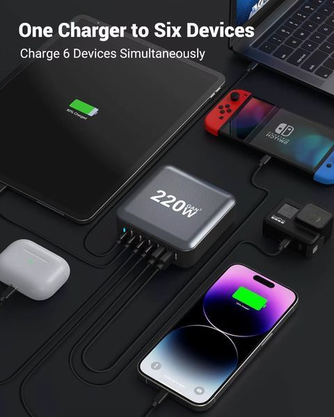 Настільний USB зарядний пристрій хаб 6в1 220W GaN3 (4*USB Type-C, 2*USB Type-A, швидка зарядка) 120101.2 фото