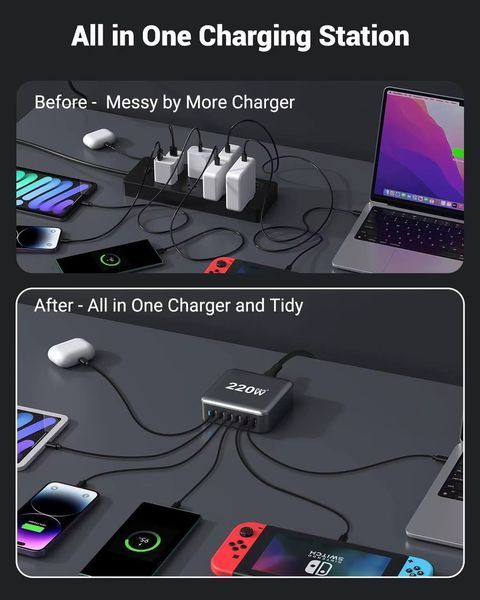 Настільний USB зарядний пристрій хаб 6в1 220W GaN3 (4*USB Type-C, 2*USB Type-A, швидка зарядка) 120101.2 фото