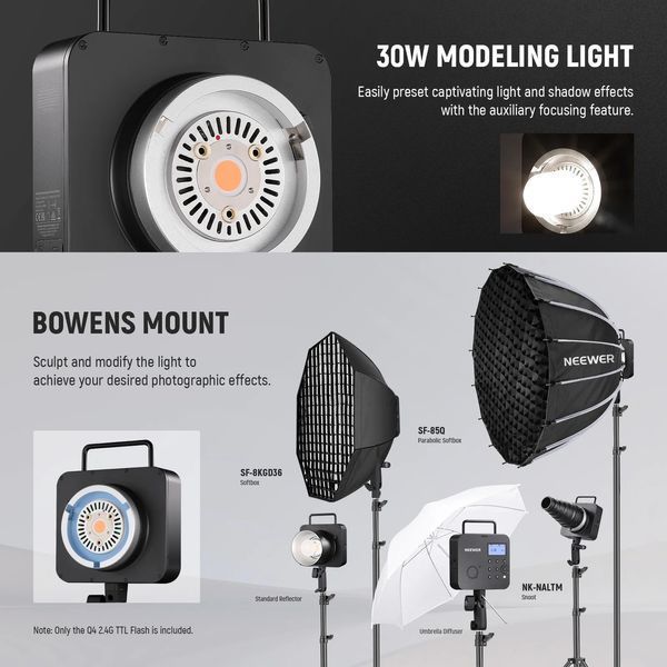 Студійний спалах на штатив NEEWER Q4 400W 2.4G TTL Flash з акумулятором та прямокутною сумкою 5600К, CRI 95+