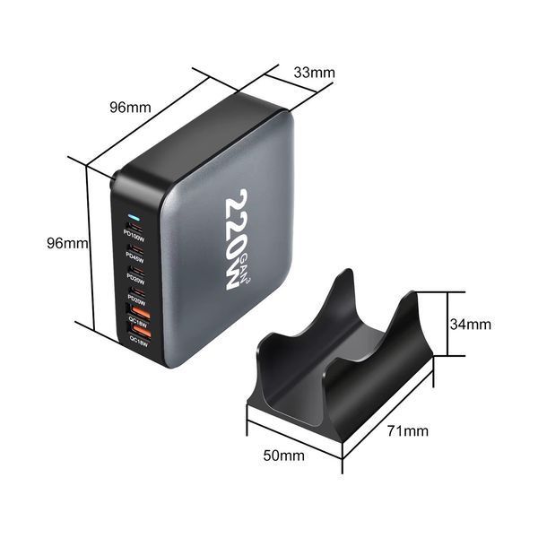 Настільний USB зарядний пристрій хаб 6в1 220W GaN3 (4*USB Type-C, 2*USB Type-A, швидка зарядка) 120101.2 фото