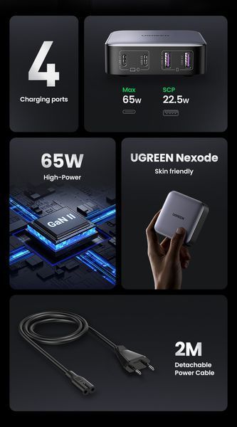 Быстрое настольное зарядное устройство Desktop Laptop Fast Charger 4 in 1 Ugreen Nexode GaN 2xUSB-C 2xUSB-A 65 100822 фото