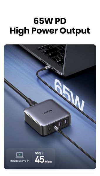 Быстрое настольное зарядное устройство Desktop Laptop Fast Charger 4 in 1 Ugreen Nexode GaN 2xUSB-C 2xUSB-A 65 100822 фото