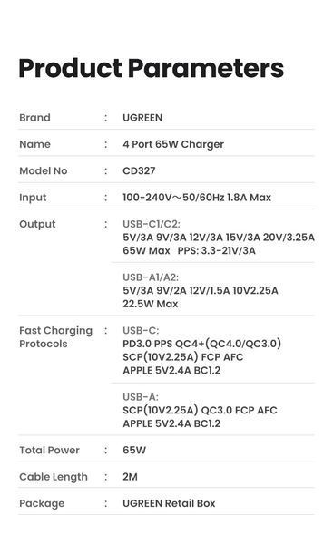 Быстрое настольное зарядное устройство Desktop Laptop Fast Charger 4 in 1 Ugreen Nexode GaN 2xUSB-C 2xUSB-A 65 100822 фото