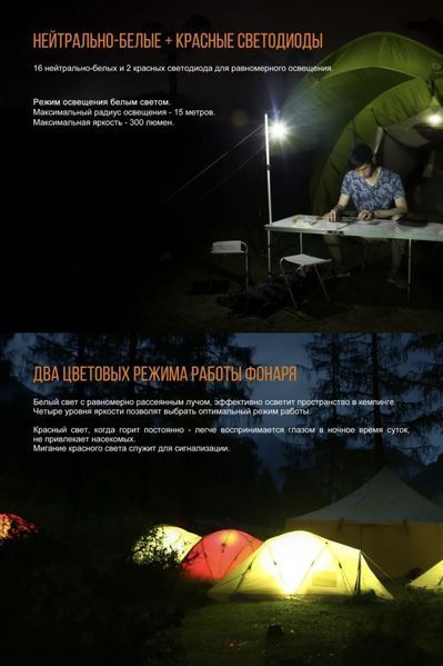 Кемпінговий ліхтар Fenix ​​CL20R з петлею та магнітним кріпленням (16xWhite LED + 2 RED LED, 750 люмен, 5 режимів, USB), помаранч 030301 фото
