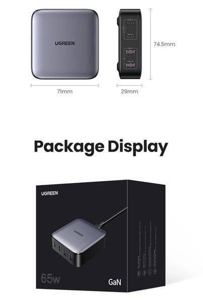 Быстрое настольное зарядное устройство Desktop Laptop Fast Charger 4 in 1 Ugreen Nexode GaN 2xUSB-C 2xUSB-A 65 100822 фото