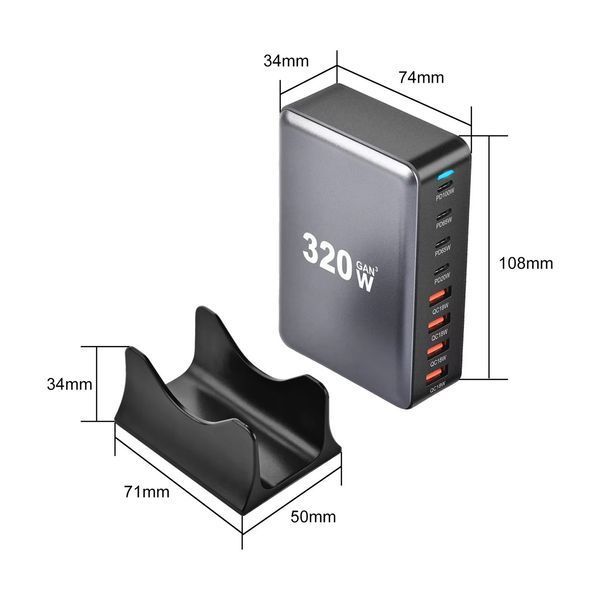 Настольное USB зарядное устройство хаб 8в1 320W GaN3 (4*USB Type-C, 4*USB Type-A, быстрая зарядка) 120101.3 фото