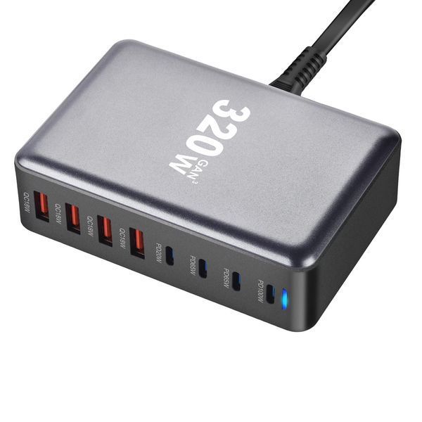 Настольное USB зарядное устройство хаб 8в1 320W GaN3 (4*USB Type-C, 4*USB Type-A, быстрая зарядка) 120101.3 фото
