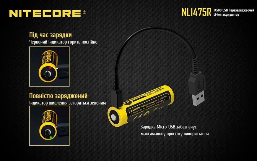 Акумулятор літієвий Li-Ion IMR 14500 Nitecore NL1475R 3.6V (750mAh, USB), захищений