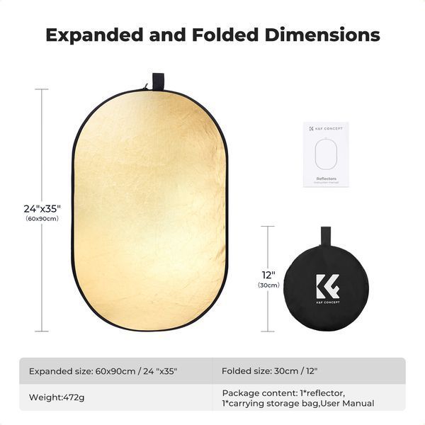Складаний портативний овальний світловідбивач рефлектор K&F Concept 5 в 1 60х90 см розсіювач світла для зйомки (KF18.0010)