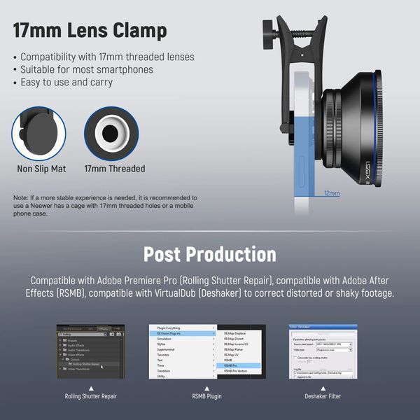 Анаморфна лінза об'єктив для смартфона Neewer LS-43 PRO 1.55x Blue Flare із затискачем та адаптером для фільтра 72мм