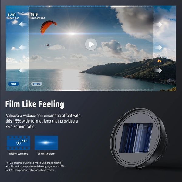 Анаморфна лінза об'єктив для смартфона Neewer LS-43 PRO 1.55x Blue Flare із затискачем та адаптером для фільтра 72мм