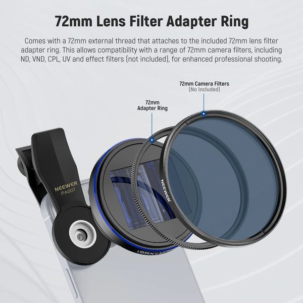 Анаморфна лінза об'єктив для смартфона Neewer LS-43 PRO 1.55x Blue Flare із затискачем та адаптером для фільтра 72мм