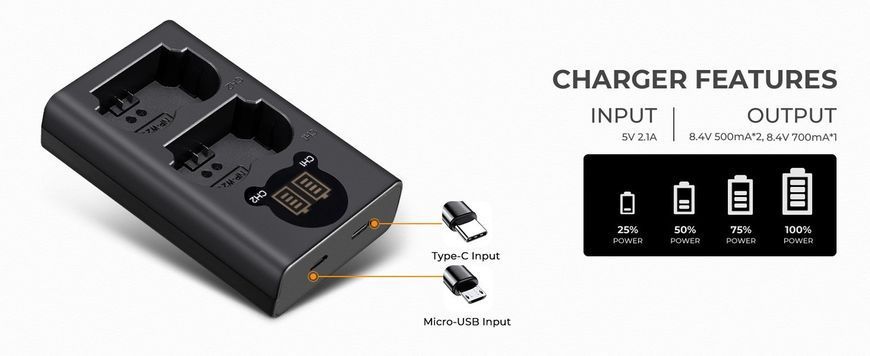 Комплект із двох акумуляторів та зарядного пристрою K&F Concept NP-W235 для Fujifilm, 2200mAh (KF28.0018) KF28.0018 фото