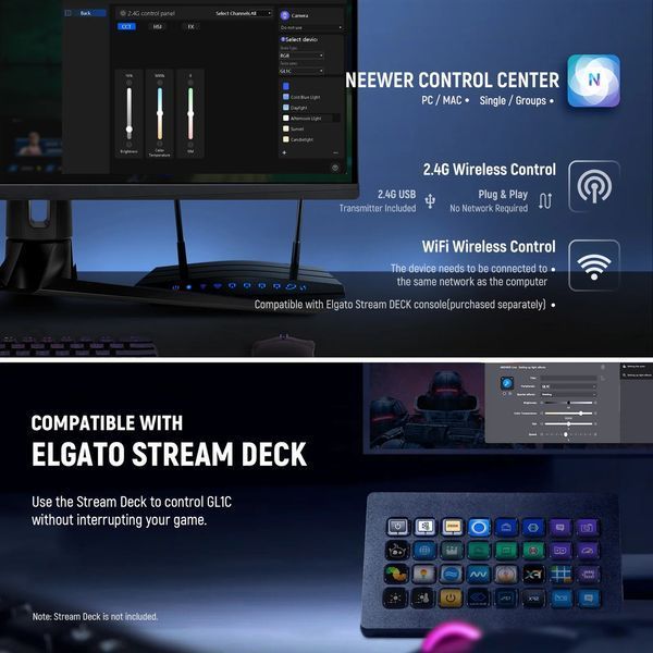 Різнокольорова світлодіодна панель NEEWER GL1C RGB 48Вт з APP керуванням та настільним кріпленням-затискачем 10102872 фото