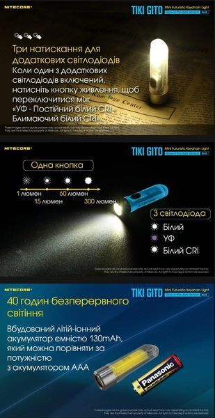 Потужний міні-наключний ліхтар Nitecore TIKI GITD Blue, люмінесцентний з ультрафіолетом 010331 фото