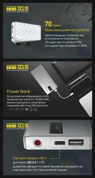 Світло накамерне Power Bank Nitecore SCL10 (96xLED, 800 люмен, 3 режими, Регулювання яскравості і кольорової температури,10000мАг)
