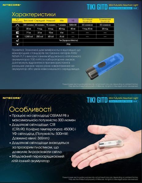 Потужний міні-наключний ліхтар Nitecore TIKI GITD Blue, люмінесцентний з ультрафіолетом 010331 фото