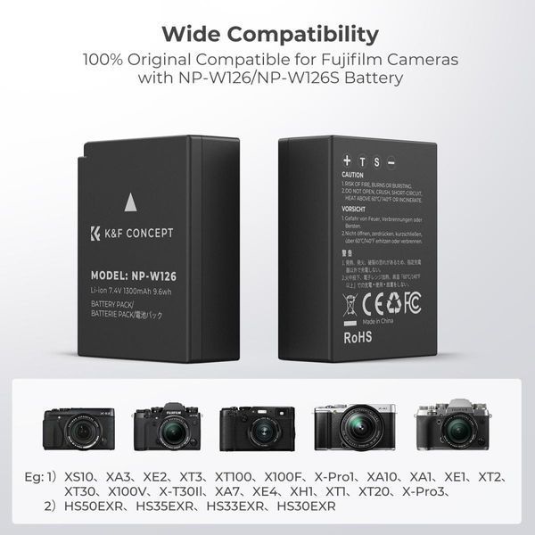 Комплект із двох акумуляторів 1300мАг та зарядного пристрою K&F Concept NP-W126 для Fujifilm (KF28.0030) KF28.0030 фото